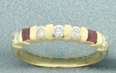 Diamond and Ruby Bar Set Pinky Ring in 18k Yellow Gold