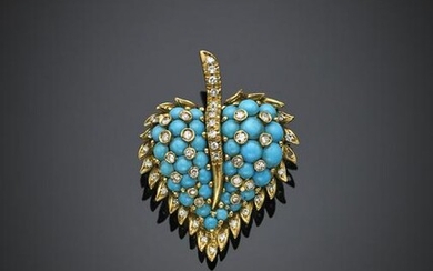 Diamond and turquoise yellow gold leaf brooch, g 10.15
