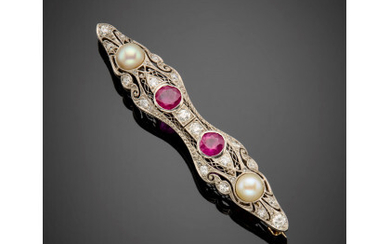 Diamond platinum brooch with two pearls and two rubies in all ct. 1.60 circa, white gold detail g 10.62 circa,...