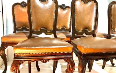 Dining chair, Essstühle - eetkamerstoelen - sillas de comedor - chaises de salle à manger (6) - Beech, Leather - Late 19th century