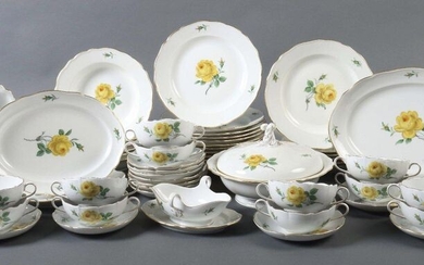 Dinner service ''Yellow Rose'' for 18 persons Meissen, 1960ies (partly year marks for 1967, 68 and 69), porcelain, glazed and painted in mouldy colours polychrome with yellow roses and rosebuds, gold staffage, 55 pcs. dam. consisting of 18 dinner...