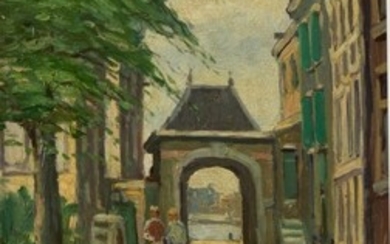 Dutch School: city gate in a Dutch town, oil on...