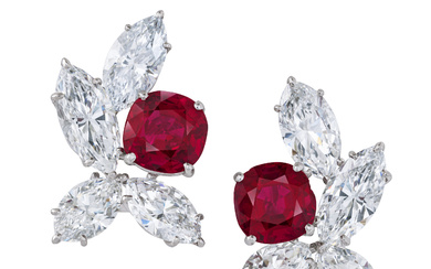 EXCEPTIONAL PAIR OF RUBY AND DIAMOND EARRINGS / BROOCH