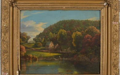 Early 19th century American school landscape on poplar wood panel. Autumn scene with figures by a