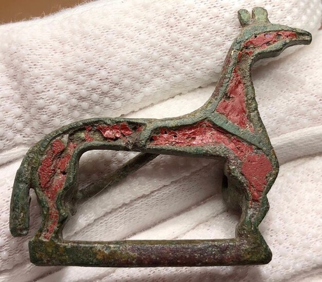 Early medieval Bronze Exclusive Enamelled Zoomorphic Brooch shaped as a Crusaders Horse.