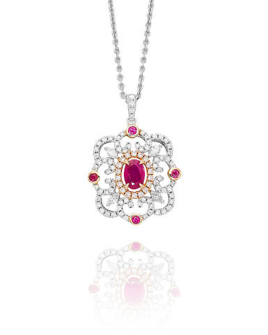 East-African Unheated Ruby, Coloured Diamond and Diamond Pendant Necklace with GRS