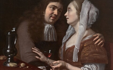 Ecole de Leyde, XVIIe siècle Couple amoureux au verre de vinHuile sur panneau de chêne,...