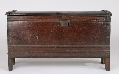 Elizabethan oak boarded coffer, circa 1580, of small proportions, the top with iron hinged straps