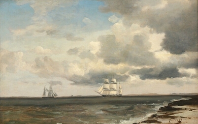 Emanuel Larsen: Seascape with sailing ships off a coast. Signed and dated Emanuel Larsen Jan. 1852. Oil on paper laid on canvas. 27×41 cm.