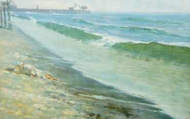 Emil Bruno, Austrian 1868-1940- Beach scene with a figure resting and a distant jetty; oil on canvas laid down on board, 25x38cm (unframed)