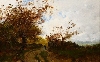 Emile Charles DAMERON (1848-1908) "Bretonne sur le chemin, environ de Pont-Aven" hst sbg 27.5x40