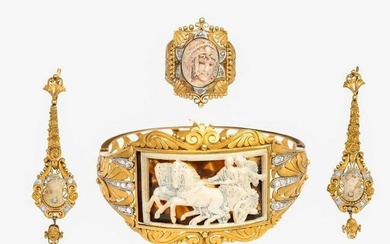 Extraordinary Antique 18K Gold Diamond Cameo Bracelet, Ring and Earrings