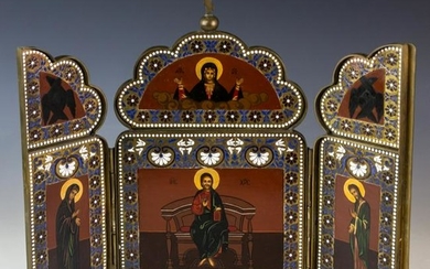 FINE Russian Enameled Bronze Triptych Lacquer Icon