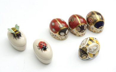 FOUR BOXED ROYAL CROWN DERBY PAPERWEIGHTS, INCLUDING 'BLUE LADYBIRD'; 'TWO SPOT LADYBIRD'; 'BUMBLEBEE'; AND 'SEVEN SPOT LADYBIRD