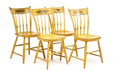 FOUR PAINT-DECORATED BAMBOO WINDSOR SIDE CHAIRS.