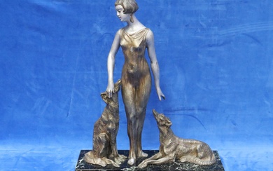 FRENCH ART DECO SPELTER GROUP FIGURE BY LIMOUSIN, LADY STATUE WITH TWO BORZOIS DOGS, MOUNTED ON MARBLE BASE, UNSIGNED, MEASURES 39CM W X 11CM D X 45.5CM H