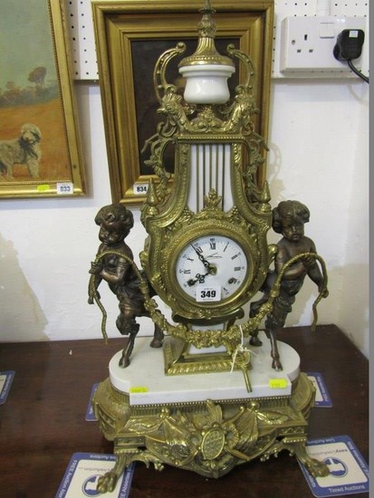 FRENCH STYLE ORNATE BRASS & WHITE MARBLE MANTEL CLOCK, decor...