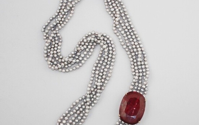 FRESHWATER PEARL, RUBY AND GOLD NECKLACE