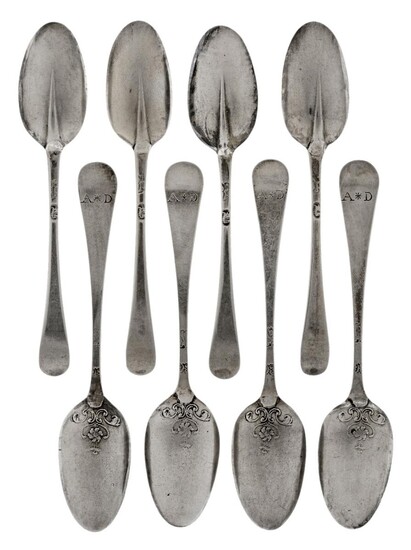FROM THE ESTATE OF THE LATE DESIGNER, ANTHONY POWELL (LOTS 49-83) A set of four silver rat-tail teaspoons by Thomas Spackman, London, c.1715, 10.9cm long, each approx. 0.3oz, together with a set of four George II silver fancy back teaspoons by...