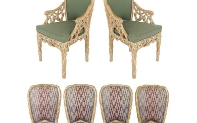 Faux Bois Blonde Carved Wood Dining Chairs with