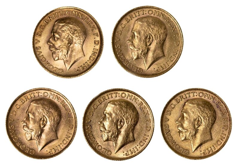 Five George VI sovereigns, comprising: 1911; 1917 Perth Mint; 1923 Perth Mint; 1928 South Africa Mint x 2 (5)