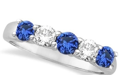 Five Stone Blue Sapphire and Diamond Ring 14k White Gold 1.00ctw