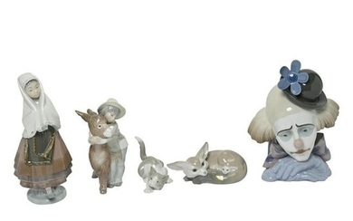 Five Various Lladro Items Including Clown Head.