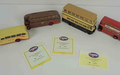 Four Corgi Model Buses, Comprising of a Bedford Q - B - Coach, AEC Regal Coach, London Red Bus, No 9
