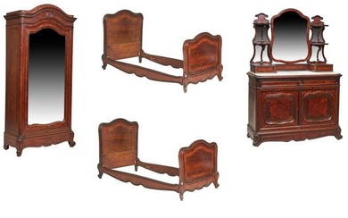 Four Piece Burled Walnut Bedroom Suite, mid 19th c., Armoire- H.- 90 1/3 in., W.- 44 in., D.- 19 1/2