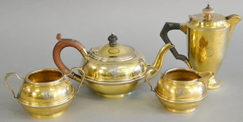 Four piece English silver lot with three piece tea set