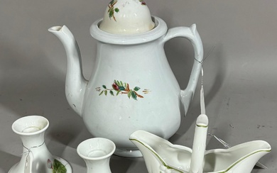Four porcelain pieces with floral motifs including a pair of candlesticks, a lidded tea pot, and handled basket.