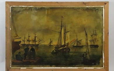Framed Reverse Painting on Glass, Nautical Motif