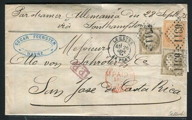France 1873 - A very rare letter from Le Havre bound for San José in Costa Rica. avec les n° 56 & 38