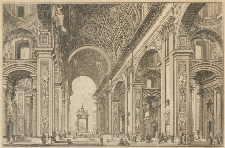Francesco Panini: “Veduta del de dentro delle Basilica ...”. Inscribed in print Francesco Panini delin. Visible size 55×78.5 cm.