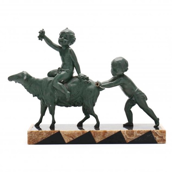 French Bacchanalian Sculpture of Two Putti Revelers and Goat