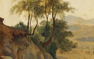 Fritz Petzholdt: Italian landscape with rocks and tall trees. Unsigned. Oil on paper laid on canvas. 45×39 cm.