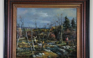 G. GUNTHER PHEASANT HUNTING OIL ON CANVAS PAINTING