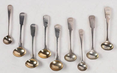 GEORGE III AND LATER SILVER CONDIMENT SPOONS (9).