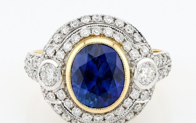 [GRS Certified] - (Blue Sapphire) 2.34 Cts - (Diamond) 0.75 Cts (60) Pcs - 18 kt. Bicolour - Ring