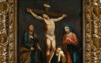 German sacral painter c. 1700, Crucifixion group, oil on canvas, doubled, restored and retouched