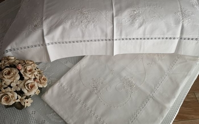 Gingham cotton sheets, embroidery, all by hand - Cotton - new
