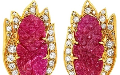 Gold Carved Ruby Diamond Earrings
