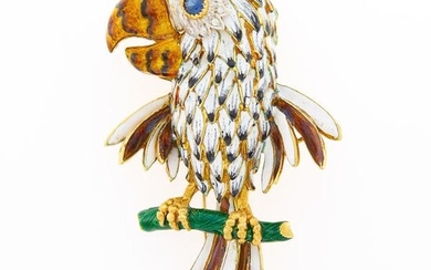 Gold, Diamond and Enamel Parrot Clip-Brooch