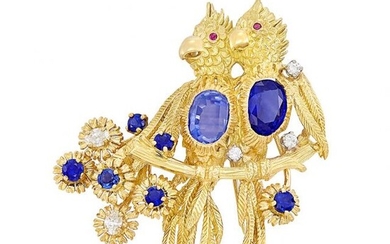 Gold, Sapphire and Diamond Love Bird Brooch, Peter Lindeman