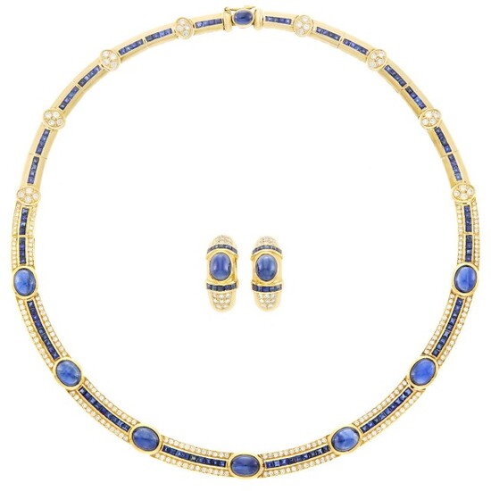Gold, Sapphire and Diamond Necklace and Pair of Bombé Earrings