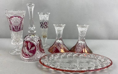 Group of 6 Ruby Flash Pressed Glass Vases and More