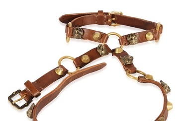 Gucci Gold Tone Tang Buckle Feline Head Palm Wrap Bracelet In Brown Leather