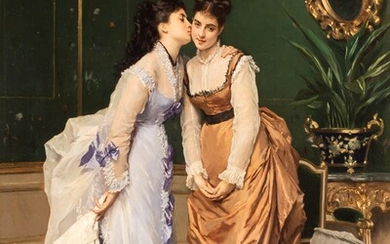 Gustave De Jonghe (1829-1893), two elegant sisters in a luxurious interior, oil on panel, 54 x 74 cm