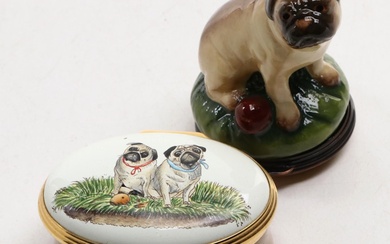 Halcyon Days "Lindy and Dolly" Enamel Box with Figural Pug Bonbonniere Box