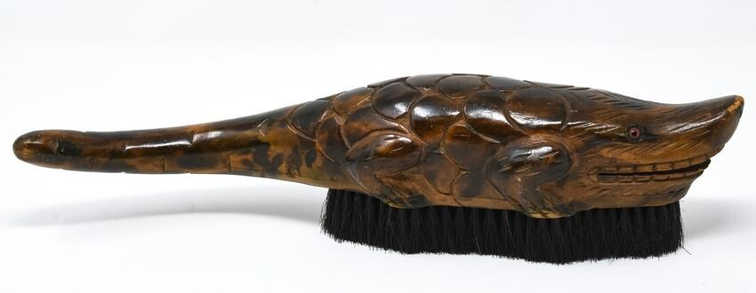 Hand Carved Folk Art Wooden Alligator Brush